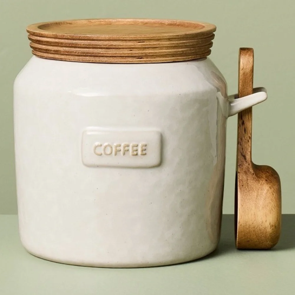 Hearth and Hand Cream Ceramic Coffee Canister with Wooden Lid and Scoop